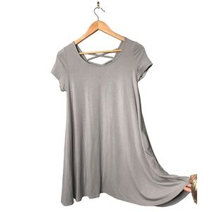 Mountain Mamas | Gray strappy cut out back short sleeve mini dress pockets •